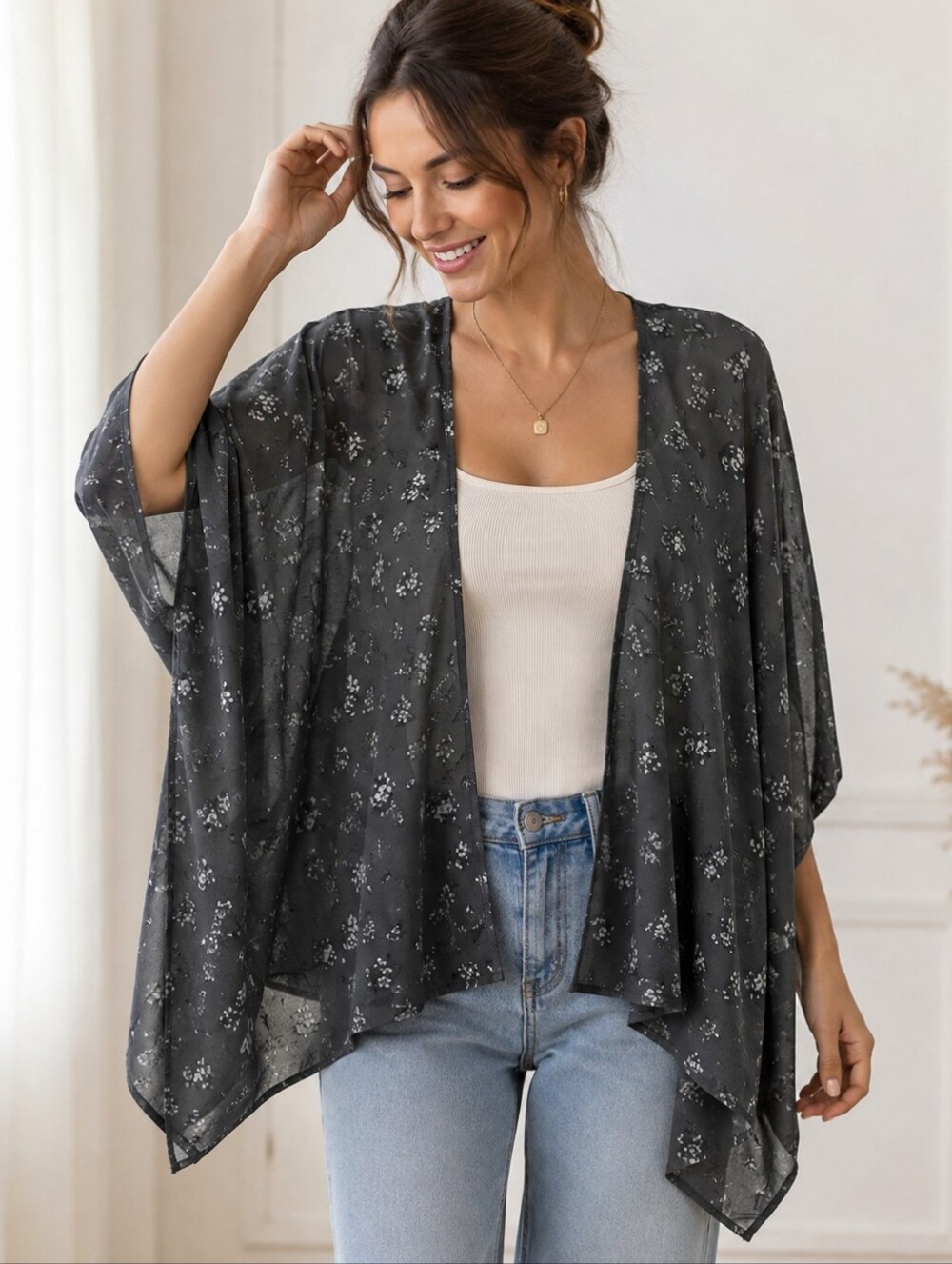 💙 American Eagle Outfitters Dark Gray Floral Open-Front Kimono